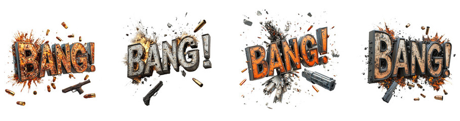 Aufkleber - A 3D rendering showcases the word Bang in four variations, each exploding with gunfire and debris, creating a dynamic and powerful visual.
