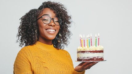 Wall Mural - A woman holding a birthday cake with candles, smiling and celebrating