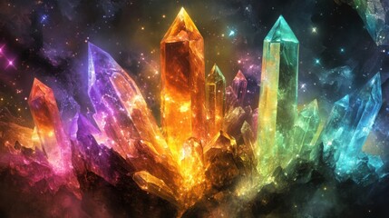 Poster - Vibrant Crystals Shining in a Cosmic Landscape with a Kaleidoscope of Colors Glowing and Reflecting Light in a Mystical Universe Background