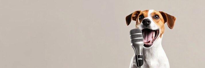 Leinwandbilder - Funny jack russell terrier dog is performing a song, singing with a vintage microphone in a music recording studio, showcasing the concept of pets enjoying musical activities