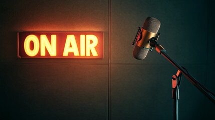 Poster - Golden condenser microphone is recording a live show inside a studio with a luminous on air sign, capturing every sound and voice for broadcast