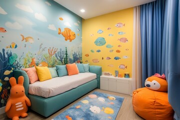 Wall Mural - Vibrant and playful kids room with fish themed wallpaper, comfortable sofa, plush toys, and blue curtains, creating a cheerful underwater atmosphere