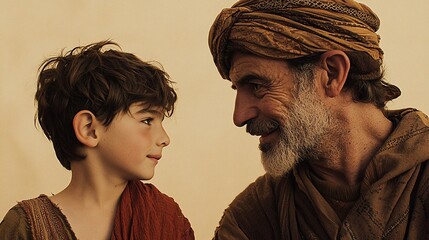 Close-up of a smiling older man and boy.