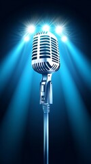 Poster - Chrome vintage microphone standing on a stage illuminated by spotlights creating a blue light beam, perfect for music, singing, or stand up comedy performances