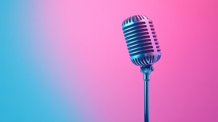 Poster - Classic microphone stands ready to capture sound in a vibrant setting, representing singing, podcasting, broadcasting, and the world of audio recording with a touch of retro charm
