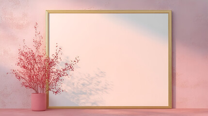 Wall Mural - Blank rectangle gold frame on pink background templat