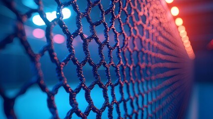 Close-up of a dark blue hockey net with blurred colorful lights in the background.