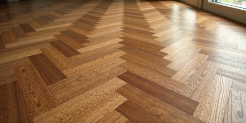 Aufkleber - Gleaming Hardwood Flooring in a Classic Herringbone Pattern, Showcasing Rich Wood Tones and a Polished Finish