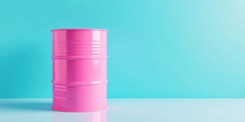Poster - A Single Pink Metal Barrel on a Light Blue Background in a Minimalist Studio Setting