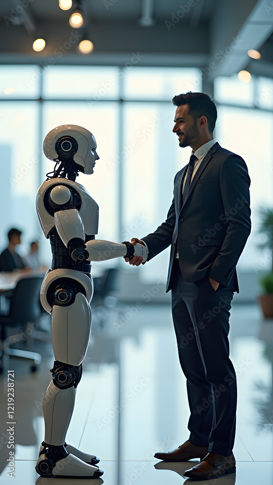 A humanoid robot shaking hands with a businessman in a modern office ...