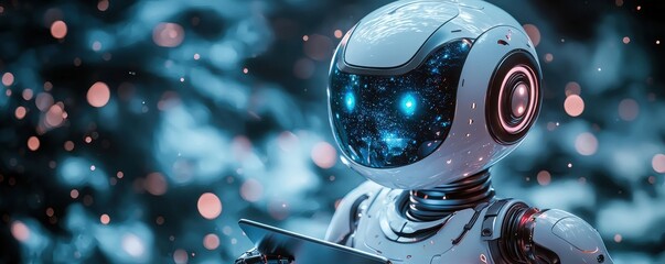 Poster - Futuristic AI Robot in a Digital Environment Holding a Tablet