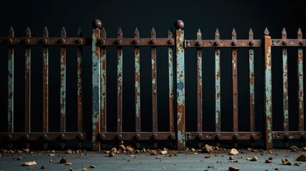 Aufkleber - A weathered metal fence with a rusted gate, showing signs of age and decay, stands against a dark background, with debris scattered at its base.