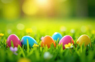  colorful easter eggs hidden in tall grass - concept of egg hunt, festive surprises, spring discovery