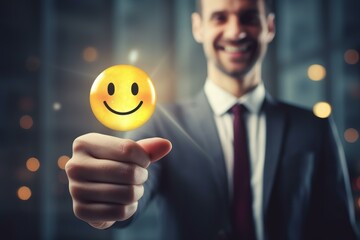Poster - Businessman showing positive feedback with a glowing emoticon, representing satisfaction and happiness in business