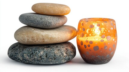 Wall Mural - A pile of smooth river stones stacked together, with a lit candle beside them, on a white isolated background