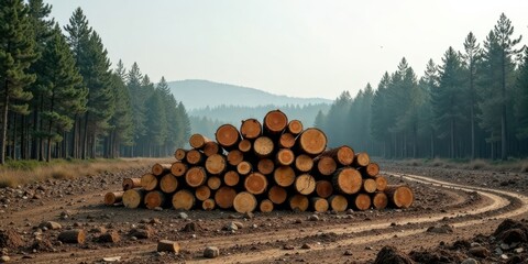 Aufkleber - A stack of freshly cut timber logs rests on a dirt road, nestled amidst a dense evergreen forest, under a hazy sky.