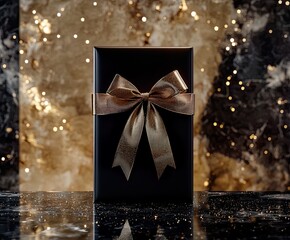 Wall Mural - Luxurious Gold Ribbon Wrapped Black Gift Box Elegant Present Holiday Surprise Festive Packaging Premium Product