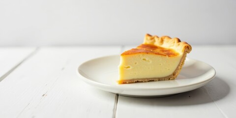 Poster - A delectable slice of creamy custard pie, nestled on a pristine white plate, rests on a bright white wooden surface, ready to be savored.