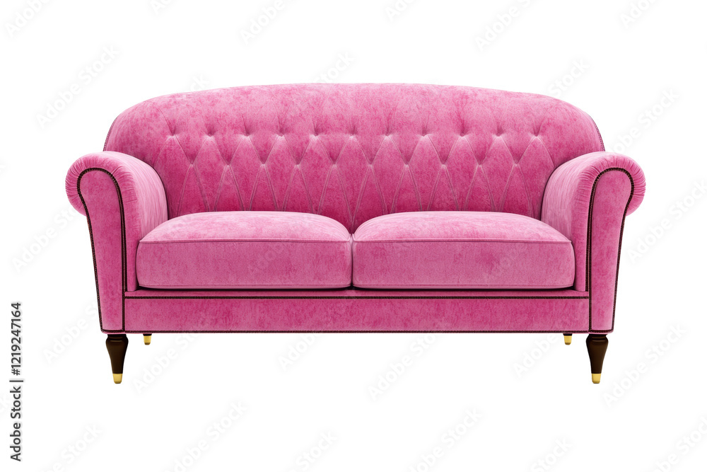 Pink soft sofa with buttons on wooden legs on transparent background. PNG. Interior design.