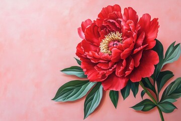 Poster - Vibrant red peony flower on a soft pink background, showcasing intricate petals and lush green leaves, perfect for spring themes and floral designs