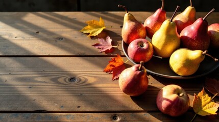 Aufkleber - Autumnal Still Life Sunlit Pears and Apples on Rustic Wooden Table with Colorful Fall Leaves