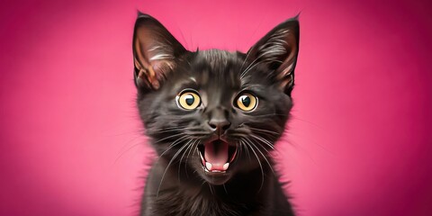 Wall Mural - Surprised Black Kitten with Sharp Teeth on Pink Background - Adorable Pet Stock Photo