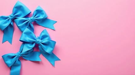 Poster - Three Light Blue Satin Bows Arranged on a Pink Background, Leaving Ample Space for Text or Design Elements