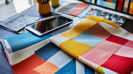 Colorful fabric swatches on designer's desk, planning interior design project