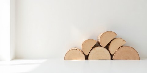 Aufkleber - Stack of Half-Round Wooden Logs Against a White Wall, Minimalist Interior Design Element