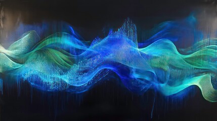 Sticker - Abstract art of flowing, luminous teal, blue, and green smoke or energy on black background.