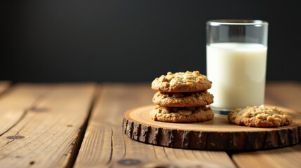 Poster - Delicious Homemade Oatmeal Cookies and a Glass of Milk on Rustic Wooden Table