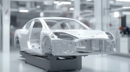 Poster - Car body frame is standing on an assembly line in a modern car factory, representing the process of automobile production and the automotive industry