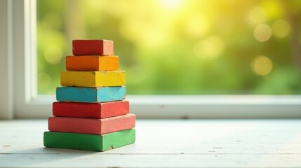 Poster - A colorful stack of vintage wooden blocks arranged in a pyramid shape, sits on a weathered white surface near a bright sunlit window.