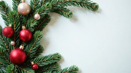 Poster - Festive Evergreen Branches with Red and Pink Ornaments Arranged on a Light Background for a Holiday Greeting Card Design