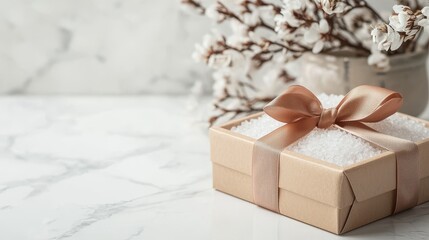 Wall Mural - A box of luxury bath salts with a ribbon tied around it, placed on a white countertop, on a white  background