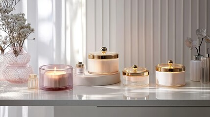 Wall Mural - A collection of luxury candles in glass jars, with soft lighting, placed on a white countertop, on a white  background