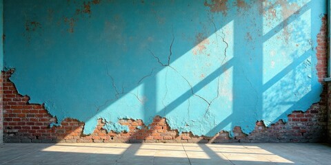 Aufkleber - Sunlit Room with Damaged Teal Plaster Wall and Exposed Brick