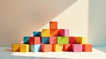 Poster - Brightly colored blocks forming a pyramid shape in sunlight against a neutral backdrop