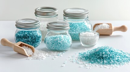 Wall Mural - A set of luxury bath salts in glass jars, placed with a small wooden scoop, on a white surface, on a white  background