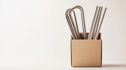 Poster - A set of reusable stainless steel straws, placed in an eco-friendly box, on a white background