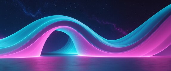 Bright glowing neon wave with smooth futuristic curves and a cosmic particle texture creating a mesmerizing abstract art scene