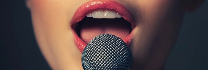 Leinwandbilder - Close up of a female singer passionately belting into a microphone, capturing the vibrant energy and emotion of a live musical performance on stage