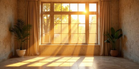 Poster - Serene Sunlight Illuminates a Room with Plants and Curtains, Creating a Peaceful and Tranquil Atmosphere
