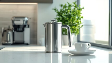 Poster - A premium stainless steel French press coffee maker, placed on a white kitchen countertop, on a white background