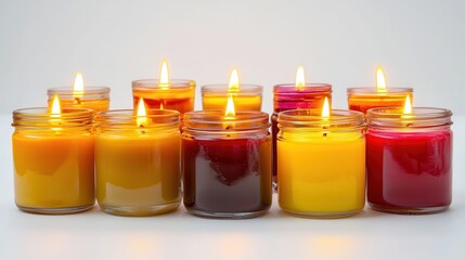 Wall Mural - A set of high-quality organic candles in glass jars, with a gentle flicker, on a white isolated background