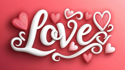 Poster - Hand-Drawn Lettering of Love with Cute Hearts on a Red Background for Romantic Themes and Designs