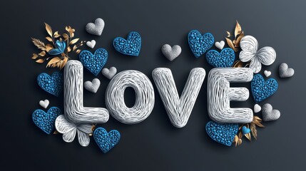 Poster - Hand-Drawn Love Design with Blue and Silver Hearts on Dark Background