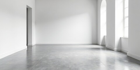 Poster - Empty room with gray floor and arched windows, showcasing minimalist interior design aesthetics