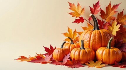 Poster - Autumnal Still Life Featuring Pumpkins and Colorful Maple Leaves on a Neutral Background