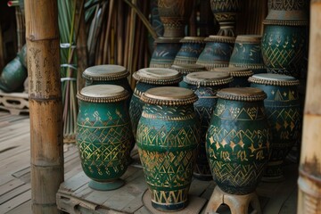 Wall Mural - Several handcrafted drums, adorned with intricate patterns, sit on a wooden platform, showcasing the rich musical traditions of asian culture